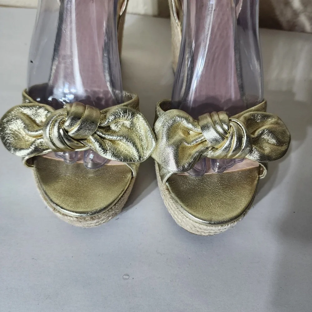 Kate Spade New York Gold Metallic Bow Espadrille Wedge Sandals Womens 9